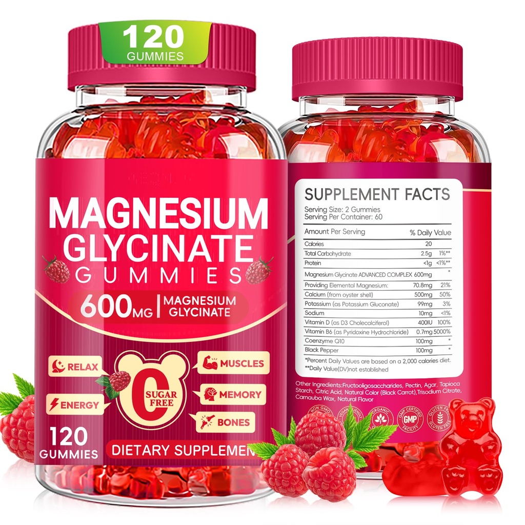 Μαγνήσιο Γλυκινικό Gummies 600mg, Ζάχαρη χωρίς Μαγνήσιο Gummies για ενήλικες, Chewable Συμπληρώματα καλίου για την υποστήριξη του σώματος, Zzz και χαλάρωση, 120 Count