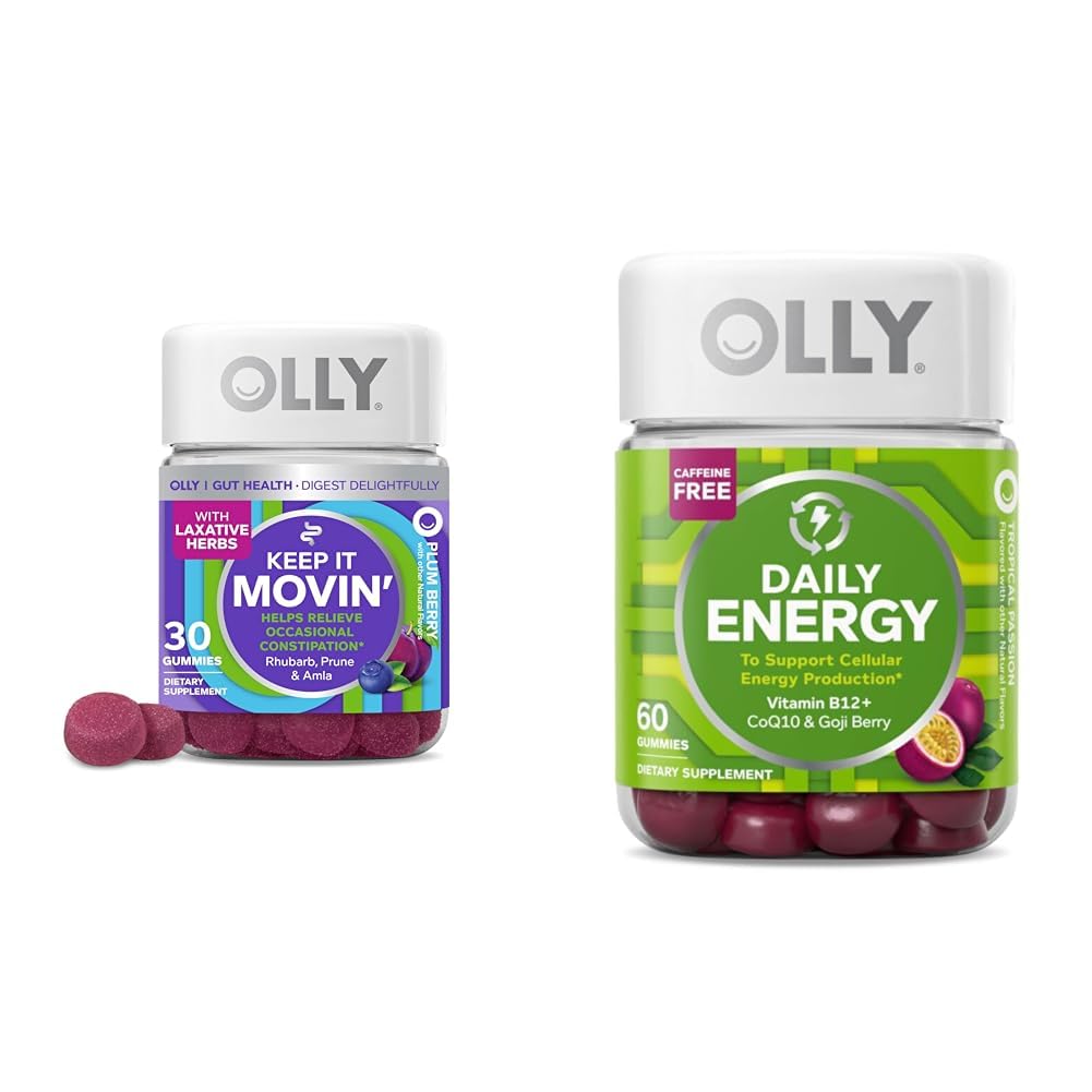 OLLY Constipation Relief 30ct, Energy Gummy 60ct - Rhubarb Prunes Amla Berry, B12 CoQ10 Goji Tropikal