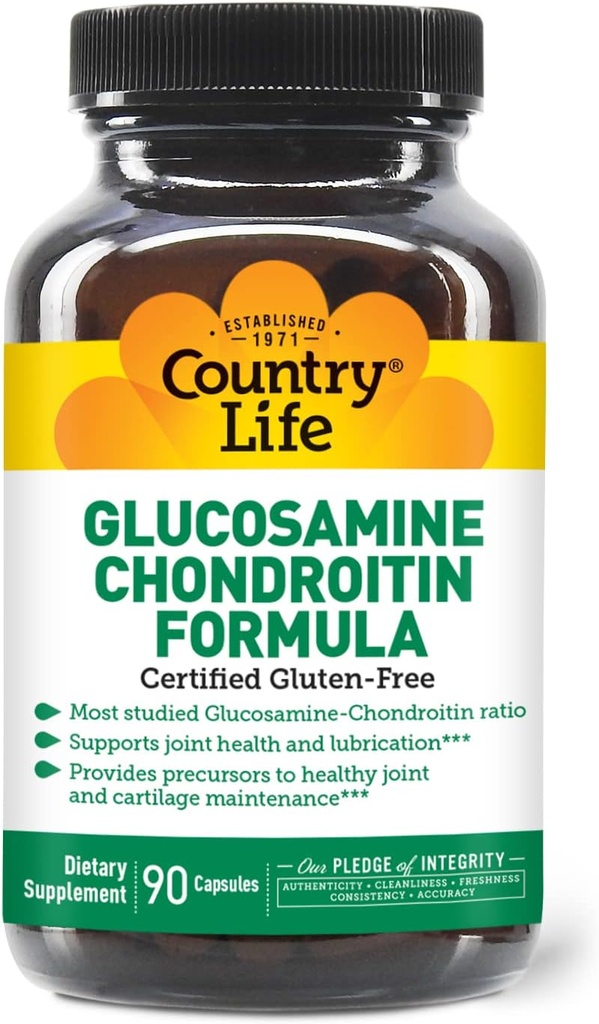 Country Life Glucosamine Chondroitin 1500mg/1200mg - Υποστηρίζει Κοινή Υγεία & Λιπαντική - Διατηρεί υγιή Cartilage, Tendon, Joint Tissue - Χωρίς γλουτένη, Μη ΓΤΟ - 90 Κάψουλες - για Ενήλικες