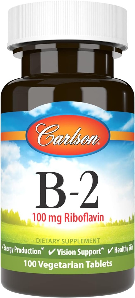 Carlson - B-2, 100 mg Ριβοφλαβίνης, Παραγωγής Ενέργειας, Υποστήριξης Οράματος & Υγιούς Δέρματος, 100 δισκία χορτοφάγων