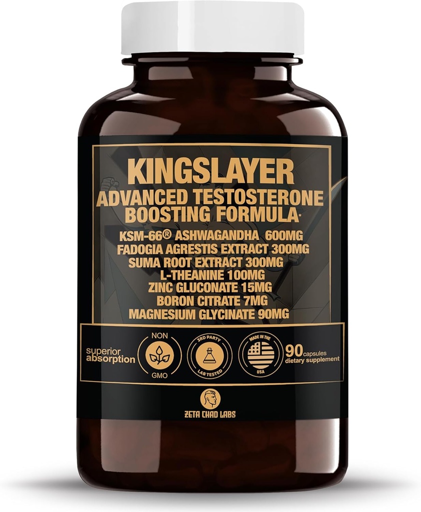 Kingslayer: 7in-1 testosteron Branson for Men w/KSM-66, Fadogia, Suma Root, L-Theanine, çinko, Boron, Magnezyum – Muscle, Energy, Libido & Focus