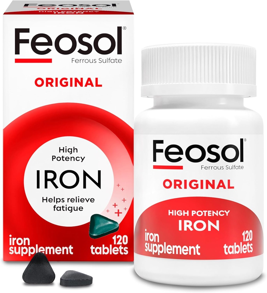 Feosol Original Iron Supplement Tabletler, Non-heme, 325 mg Ferrous Sulfate (65 mg Elemental Iron) per Iron Pill, 1 Per Day, 120ct, 4 Ay Supply, for Energy and Immune System Support, Made in USA