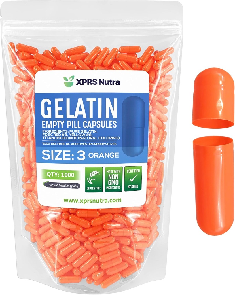 XPRS Nutra Boyutu 3 Boş Kapsüller - 1000 Kont Boş Gelatin Capsules - Pills DIY Capsule - Pure Bovine Pill Gel Caps Do-It- Yourself Vitamins and Supplements (Orange)