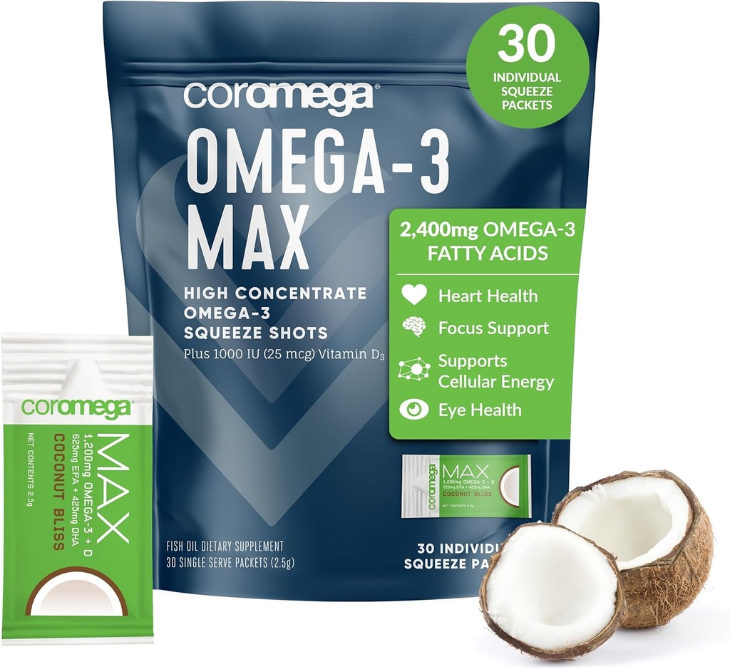 Coromega MAX 2400 mg Omega-3 Fish Oil + Vitamin D Squeeze Packets, Wild-Caught, No Fishy Taste - 3X Better Abxia Than Softgels, Supports Brain & Heart Health (30 hizmet, Coconut Bliss)