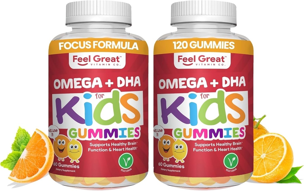 Νιώστε τις Μεγάλες Βιταμίνες Παιδιά DHA Gummies με Ωμέγα 3 6 9, Βιταμίνη C (2-πακέτο) 