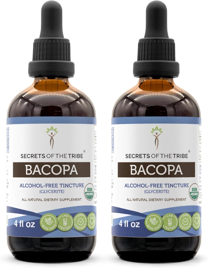 Bacopa USDA Organic | Alkol-FREE Extract, High-Potency Herbal Drops, Relaxation, Pozitif Bilişsel Etkisi | %100 sertifikalı Organik Bacopa (Bacopa Monnieri) kuru Herb 2x4 oz