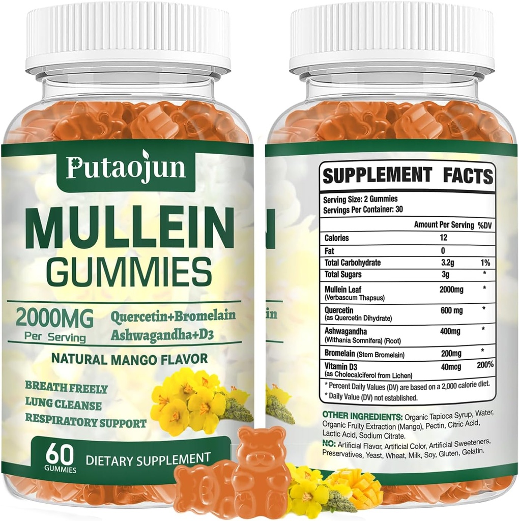 Lung Cleanse için Mullein Gummies | Organik Immune Support | 2000 mg Respiratory Health Gummies | Mango Flavor, Non-Sticky | Lung Health, Sinus Relief | Mullein Leaf Extract | 1 Pack