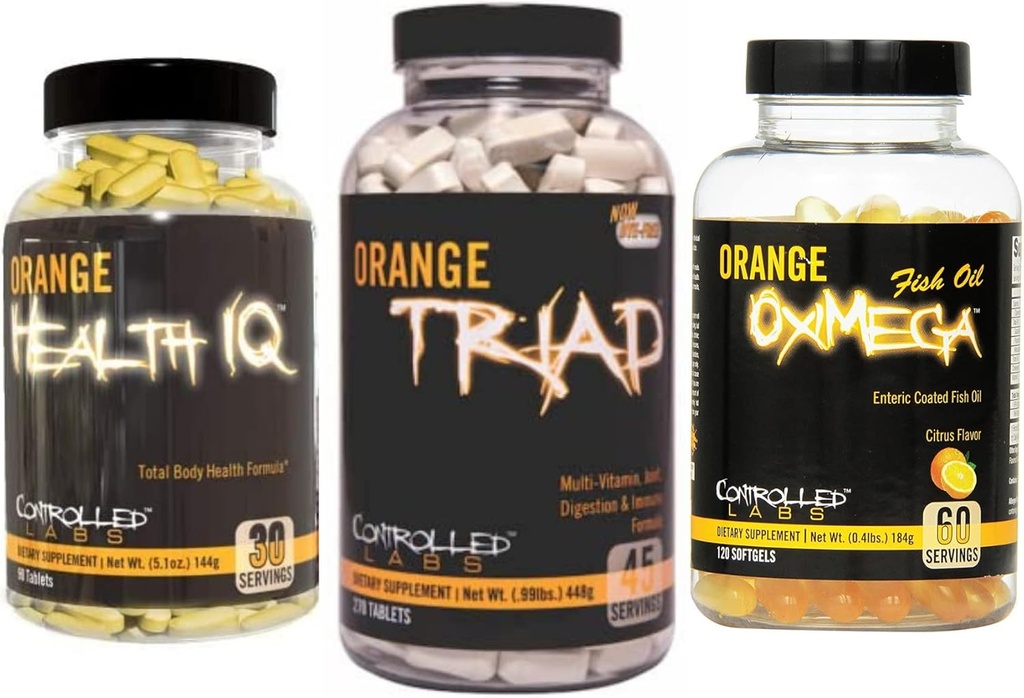 CONTROLLED LABS General Health Sche, 45 Orange Triad, 90 Kont Orange Health IQ, 120 Kont Orange Oximega Fish Oil, Muscle Building and Recovery Supplement for Men and Women