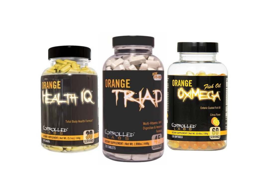 CONTROLLED LABS General Health Sche, 45 Orange Triad, 90 Kont Orange Health IQ, 120 Kont Orange Oximega Fish Oil, Muscle Building and Recovery Supplement for Men and Women