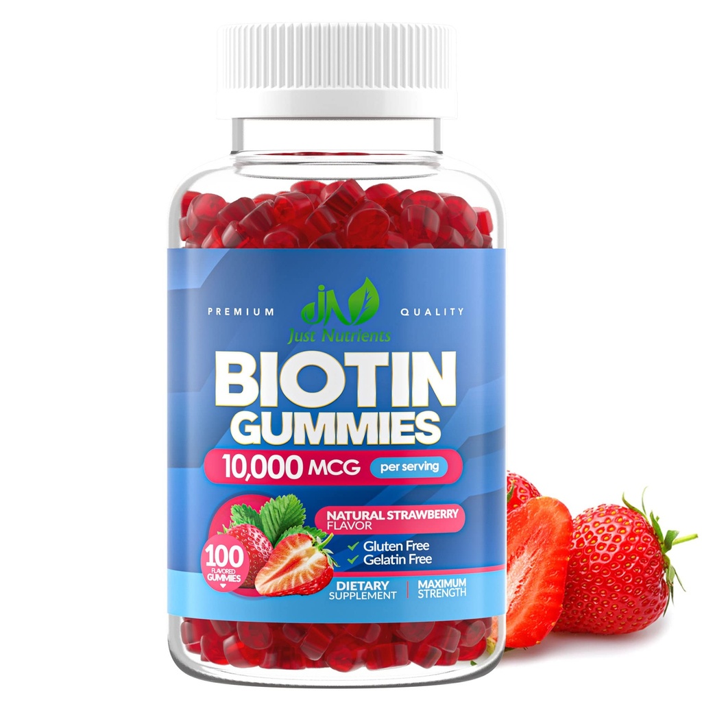 Kadınlar ve Erkekler için 10.000'den fazla Gummies - Saç Büyümesi, Skin & Nails - Gluten-Free, Vegan, Non-GMO, Great Tasting Strawberry Flavor - 100 Gummies