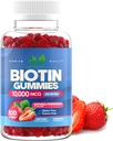 Biotin 10.000mcg Gummies for Women & Men (100 Count) - 2x Μέγιστη δύναμη Βιοτίνη για την ανάπτυξη των μαλλιών, το δέρμα & τα νύχια - Χωρίς γλουτένη, Vegan, μη GMO, Μεγάλη γεύση φράουλας - 100 Gummies