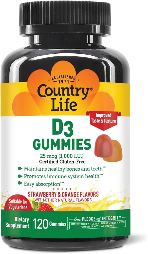 Χώρα Ζωή Φράουλα & Πορτοκαλί D3 Gummies, 120 CT