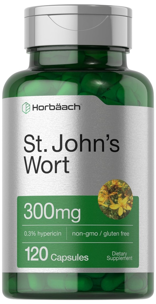Horbäach St John's Wort Capsules 300 mg | 120 Kont | Non-GMO, Gluten Free | Herbal Extract