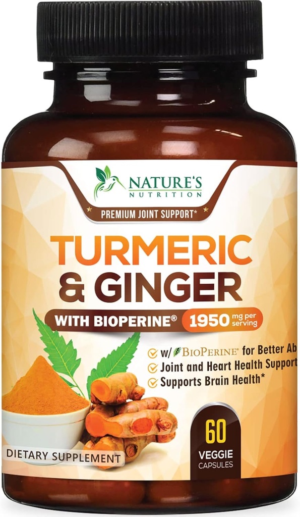 Turmeric Curcumin Supplement 1950 mg -% 95 Curcuminoids with Organic Turmeric & Ginger, BioPerine Black Pepper for Best Abpole, Nature's Vegan Ortak Desteği, Non-GMO, Şişed in USA - 60 Capsules