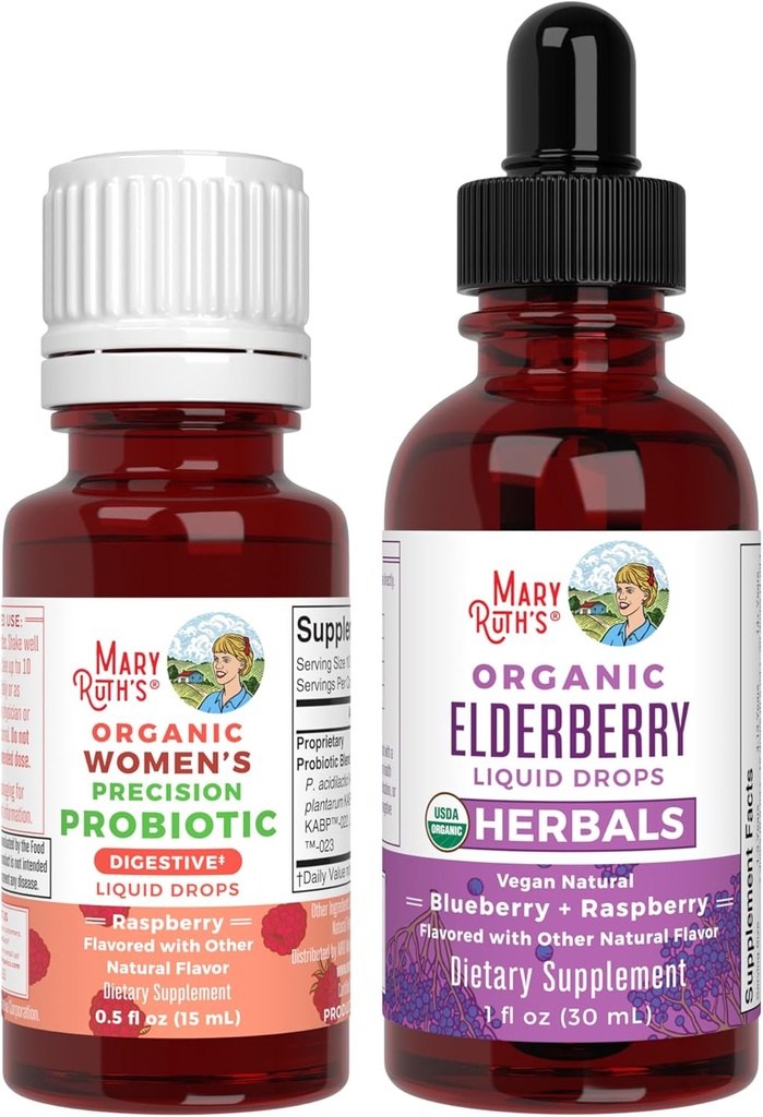 MaryRuth Organics Precision Probiyotik for Women (Raspberry) & Elderberry Drops (Blueberry) | USDA Organik | Gut Health, Immunity, & General Wellness | Vegan, Non-GMO, Gluten Free