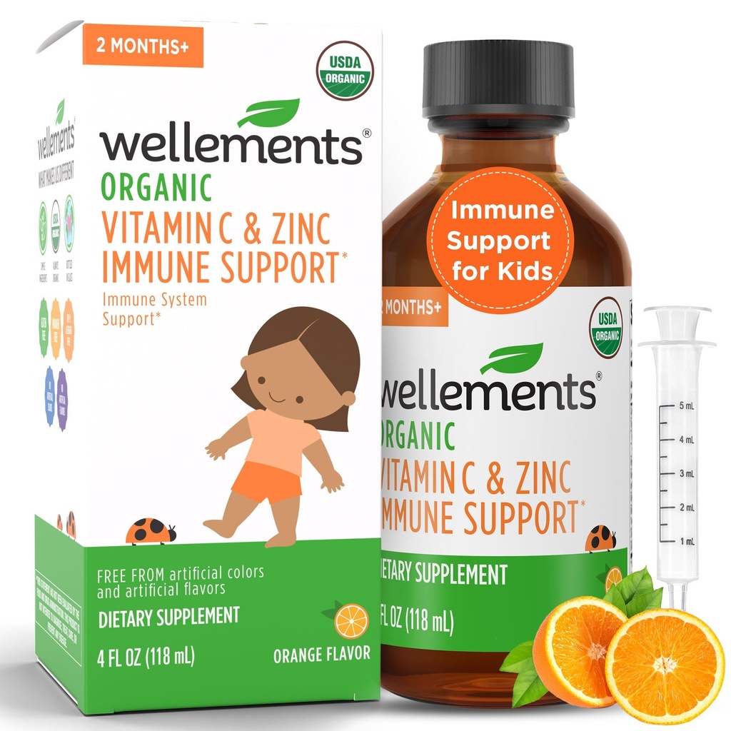 Wellements Organic Vitamin C & çinko Immune Support* Supplement for Children 2 Ay+ | USDA Organic, Free from Dyes, Paragons & Top 9 Most Common Allergens, Orange Flavor, (4 Fl Oz)