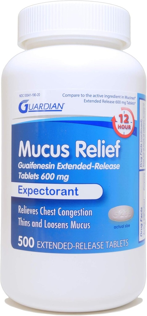 Guardian Mucus Relief, 600 mg Guaifenesin 12 Saat Genişletilmiş Konuşması, Chest Congestion Beklentilerorant (500 Kont Şişe)