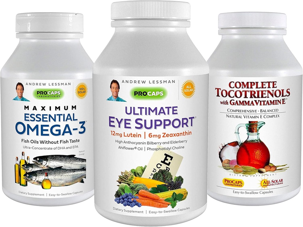 ANDREW LESSMAN 3 Ürün Göz Sağlığı Grafik - 360 Softgels Her Ultimate Eye Support, maksimum Temel Omega-3 ve Tocotrienols'ı tamamlayın. Göz Sağlığını teşvik eder ve destekler.