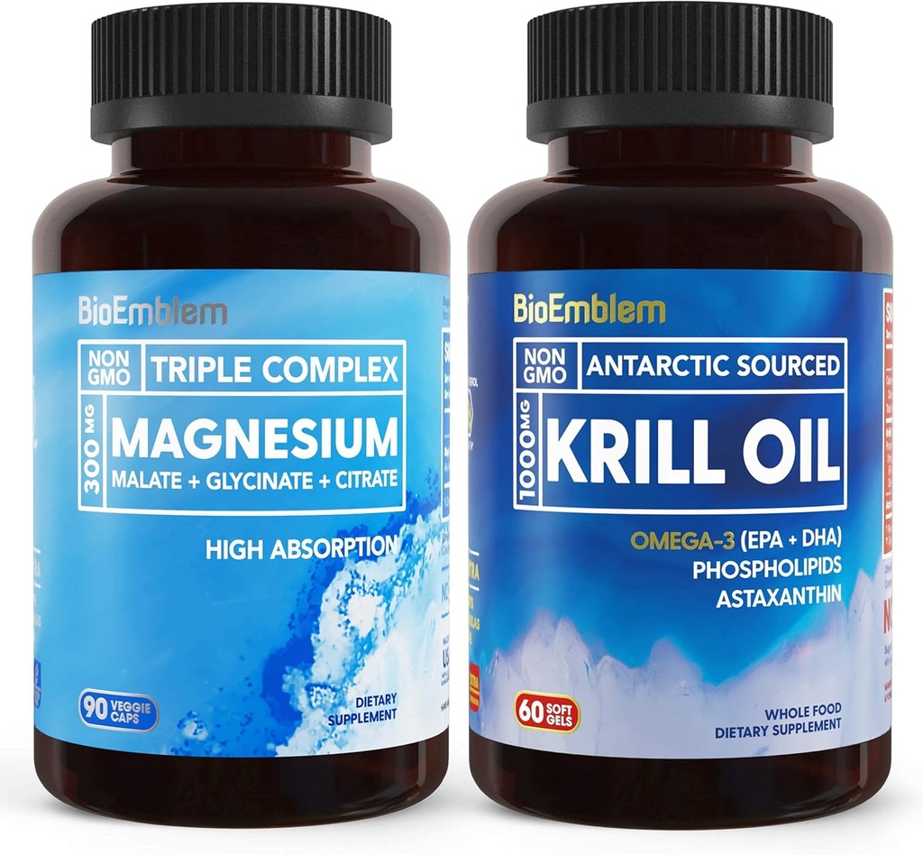 BioEmblem Triple Magnezyum Kompleksi ve Antarktika Krill Oil, Uyku ve Beyin Sağlığı, Kalp ve Ortak Sağlık, Kardiovasküler Sağlık'ı teşvik eder ve Rahatlamaları Destekler
