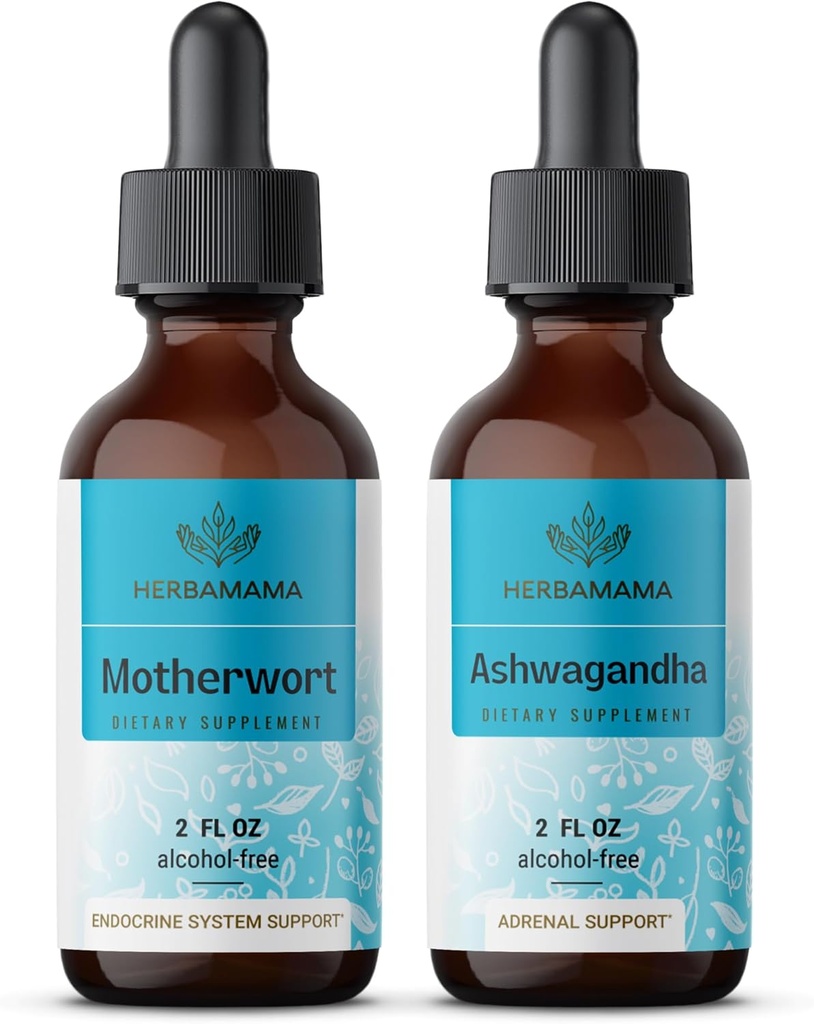 HERBAMAMA Herbal Liquid Drops Kit - Motherwort Extract & Ashwagandha Tincture 2 fl oz - Vegan, Non-GMO, Sugar & Alkol-Free - 2 Pack