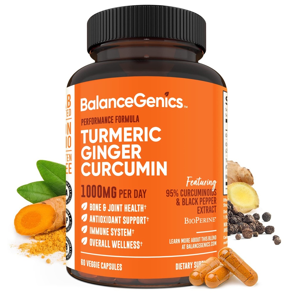Turmeric Curcumin Supplement with Black Pepper & Ginger Root 1000 mg | Optimized Formula 95 Curcuminoids Curcuma | Ortak Sağlık & Inflammation Support | 60 Capsules Toz