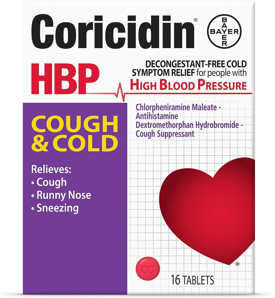 Coricidin HBP Αποσυμφορητική-ελεύθερος βήχας και ψυχρή ιατρική - ειδικά σχεδιασμένο ανακούφιση για την υψηλή αρτηριακή πίεση, βήχα, Runny μύτη, φτάρνισμα και κρύα συμπτώματα (16 κόμης)