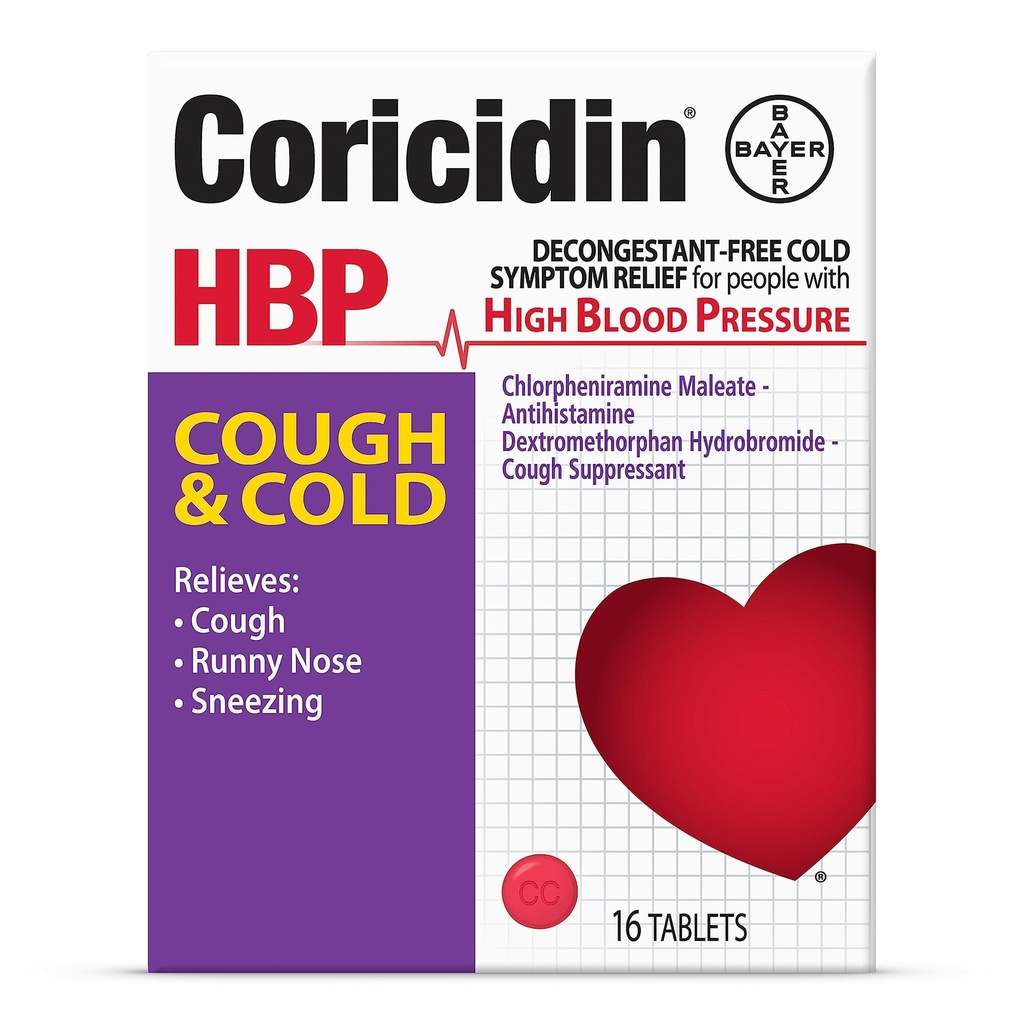 Coricidin HBP Decongestant-Free Cough ve Cold Medicine - Yüksek Kan basıncı için özel olarak tasarlanmış bir Relief, Cough, Runny Nose, Sneezing ve Cold Belirtileri (16 Count)