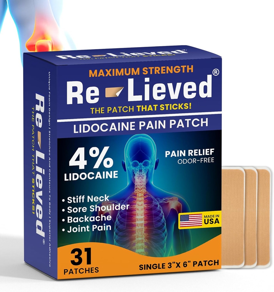 Re-Lieved 4% Lidoka Patches Maksimum Güçlü - alüminyum-Free, Suya Dayanıklı ve ABD Made -Superior Sticking Pain Relief Patches fast Relieves Back, Commons and Muscle Pain-3x6 Inches (31 Count)