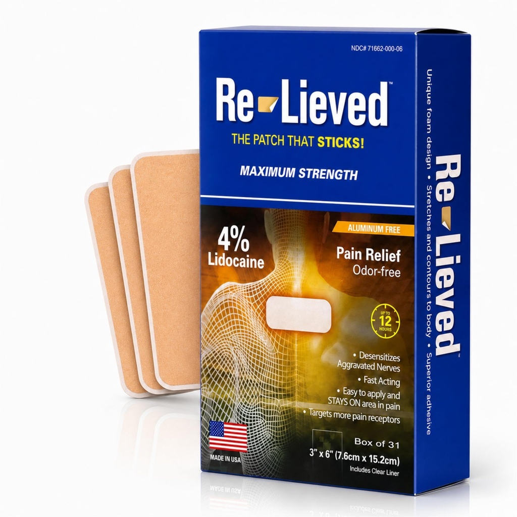 Re-Lieved 4% Lidoka Patches Maksimum Güçlü - alüminyum-Free, Suya Dayanıklı ve ABD Made -Superior Sticking Pain Relief Patches fast Relieves Back, Commons and Muscle Pain-3x6 Inches (31 Count)