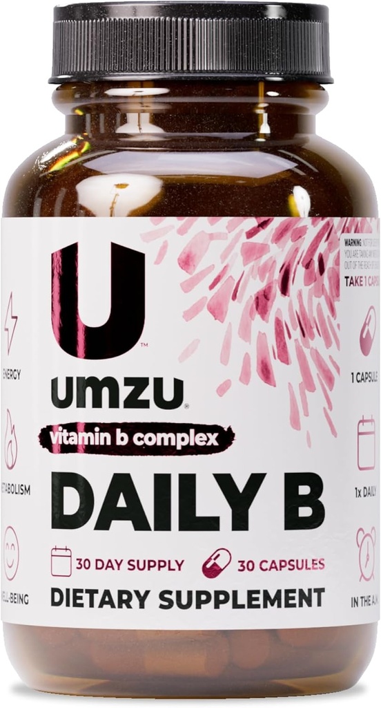 UMZU Daily B |% 100 Complete B Complex with B1, B2, B3, B5, B6, B7, B9 & B12 with Folic Acid | Supports Natural Energy Production &Cognitive Function Well (30 Day Supply | 30 Capsules)