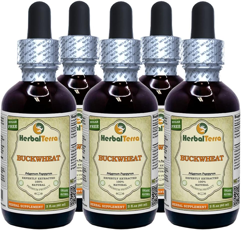 Buckwair (Polygonum Fagopyrum) Tincture, kıl Hulls Liquid Extract (Brand Name: HerbalTerra, Proudly Made in USA) 5x2 fl.oz (5x60 ml)