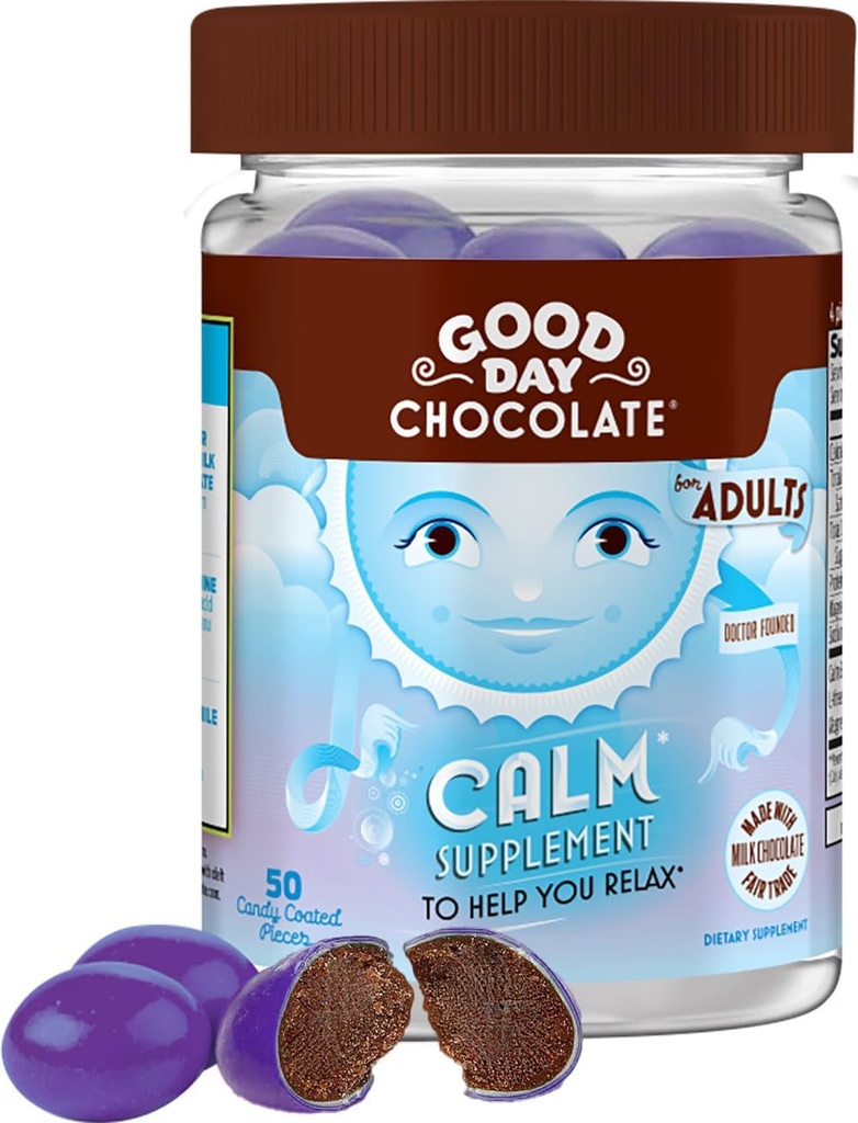 Yetişkinler için iyi Day Chocolate Natural Calming Supplement, Camomile, Theanine, Magnezyum, Fair Trade and Non-GMO Chocolate, 50 Adets