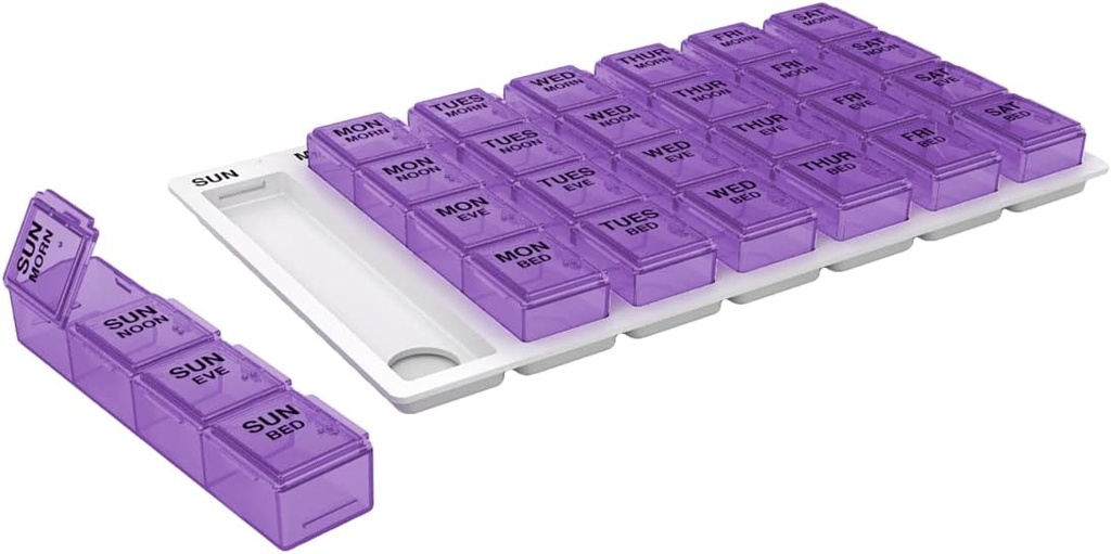 EZY DOSE Weekly (7-Day) Pill Case, Medicine Planner, Vitamin Organizer Box, Medium Pop-Out Compartments, 4 Times a Day, Easy to Use, Colors May Vary, BPA Free