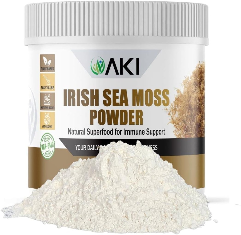 AKI İrlandalı Deniz Moss Toz - 92 Temel Mineraller ve Vitaminler Zengin, Iodine, Pyum & Magnezyum - Smoothies & Juices - 100% Vegan, Non-GMO & Supports Wellness (6Oz/170g)