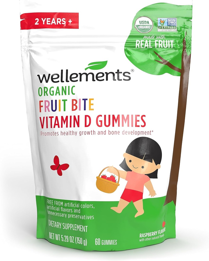 Wellements Organic Fruit Bite Vitamin D Gummies | Vitamin D3 Gummy for Kids, Supplement for Healthy Growth & Bone Development*, Raspberry Flavor | 60 Day Supply, Ages 2+