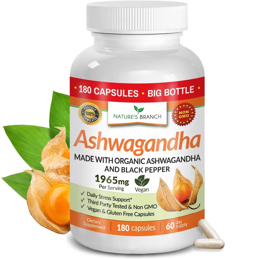 UDAF, Black Pepper ile Organik Ashwagandha'yı Gerçekleştirdi - 180 Capsules - 1965mg Stres için Ekstra Güç, Uyku, Mood, Thyroid, Focus, Hair, Vegan Pure Root Extract Toz - Erkekler ve Kadınlar Tamamlıyor
