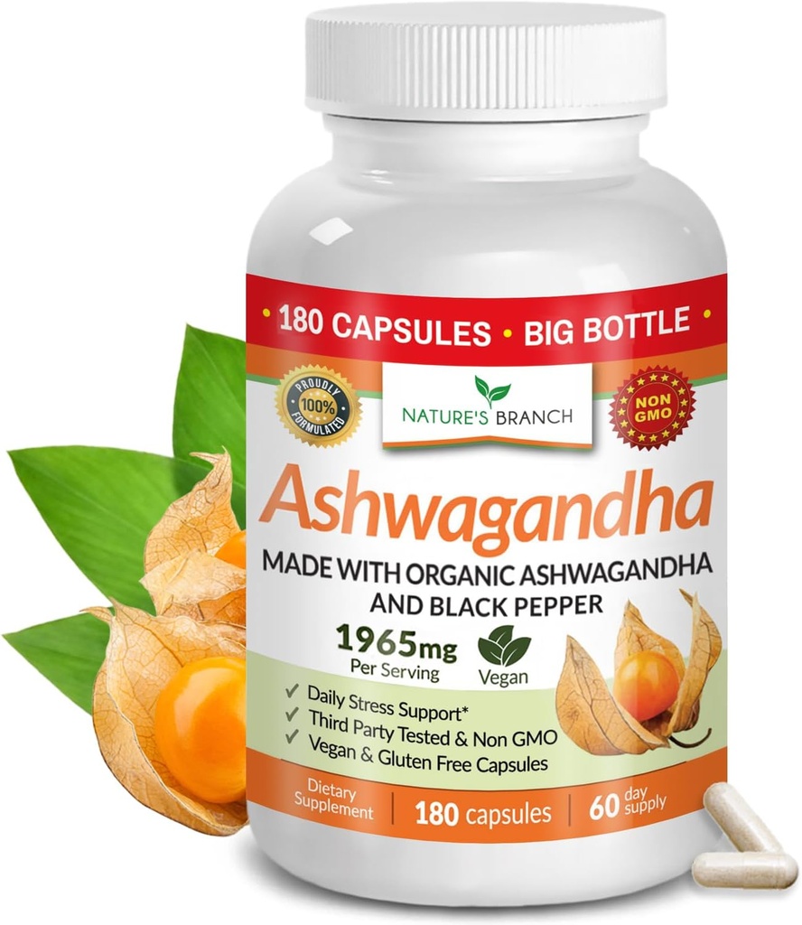 UDAF, Black Pepper ile Organik Ashwagandha'yı Gerçekleştirdi - 180 Capsules - 1965mg Stres için Ekstra Güç, Uyku, Mood, Thyroid, Focus, Hair, Vegan Pure Root Extract Toz - Erkekler ve Kadınlar Tamamlıyor
