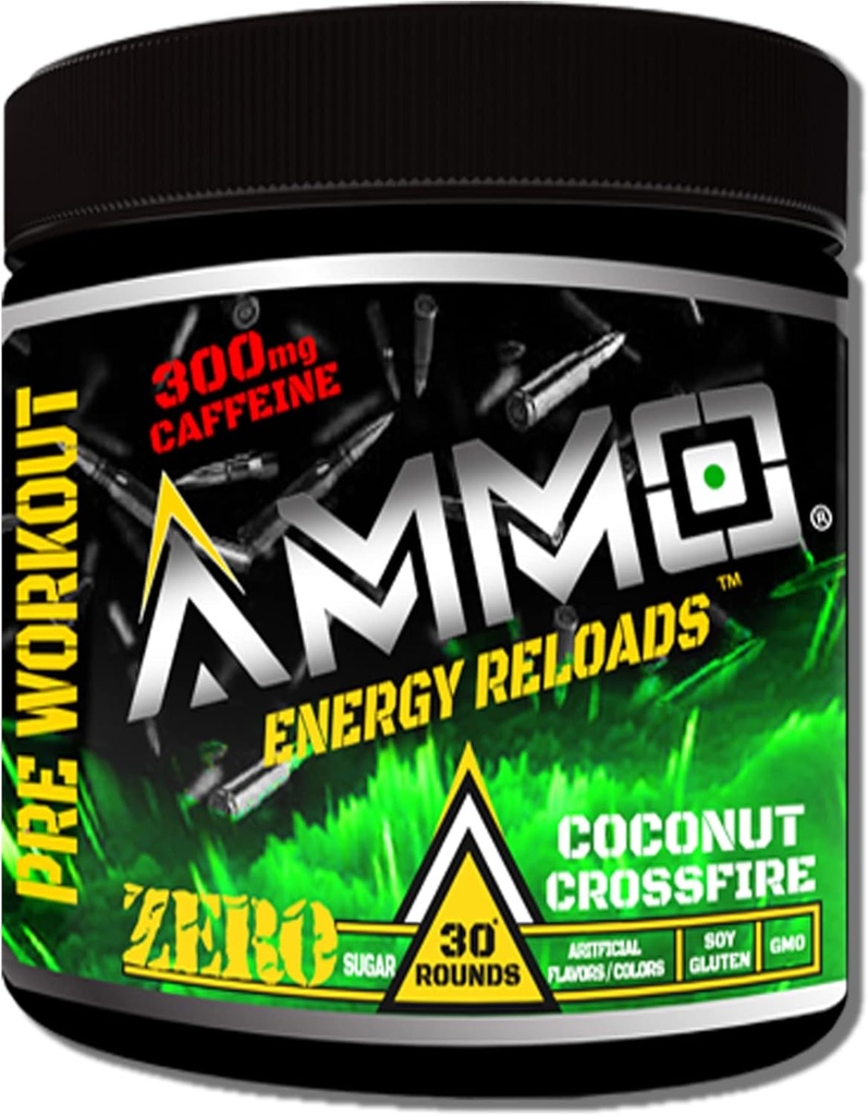 AMMO ® Energy ReloadsTM Pre Workout Toz - 300 mg Caffeine Zero Sugar Vital Aminos and Electrolytes No Yapay Flavors or Colors (Coconut Crossfire)