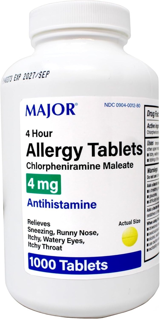 Büyük Alerji Tabletleri, Chlorpheniramin 4 mg , Antihistamine 4 Saat, 1000 Tablet
