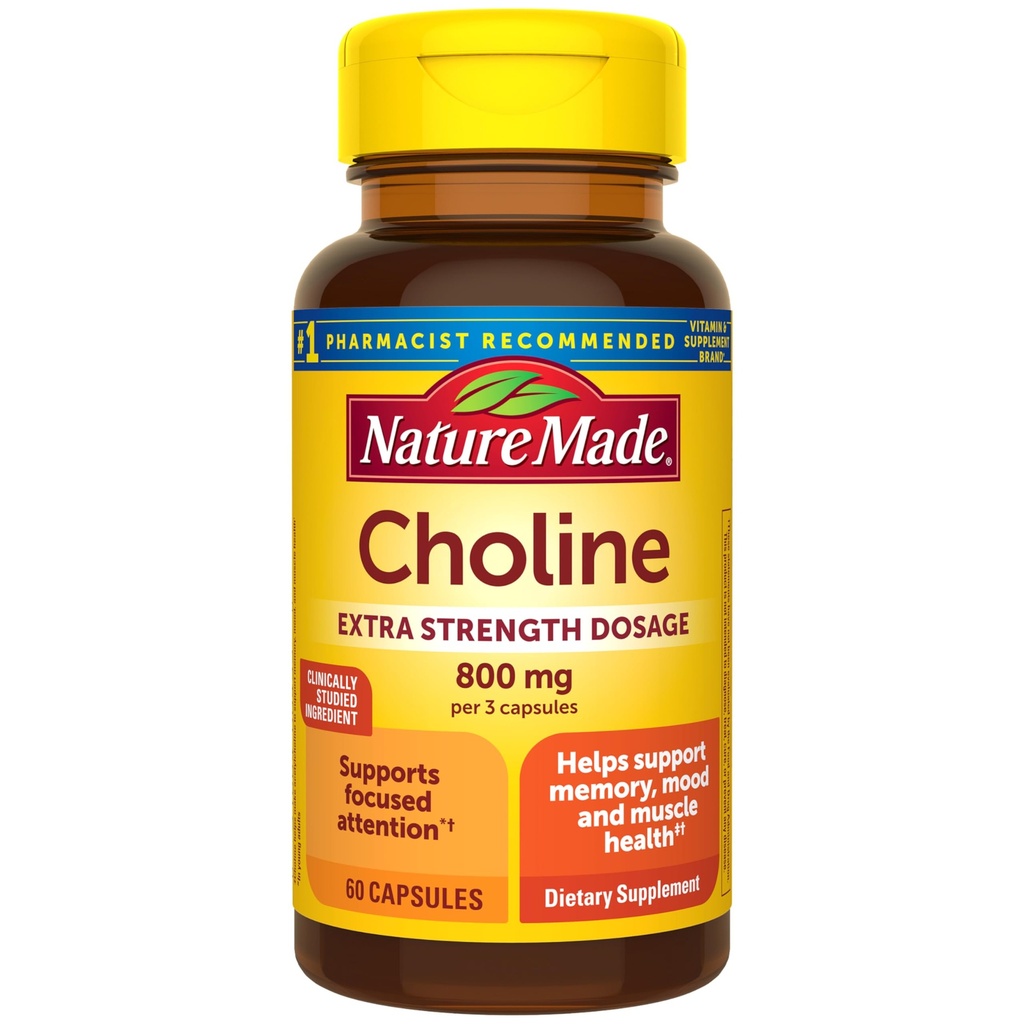 Nature Made Extra Strength Lossion Choline Συμπληρώματα 800 Mg ανά 3 κάψουλες, Εγκεφαλική υγεία, διάθεση, μυών & ήπατος Υποστήριξη, χορτοφάγους, 60 κάψουλες, 20 ημέρες προσφοράς