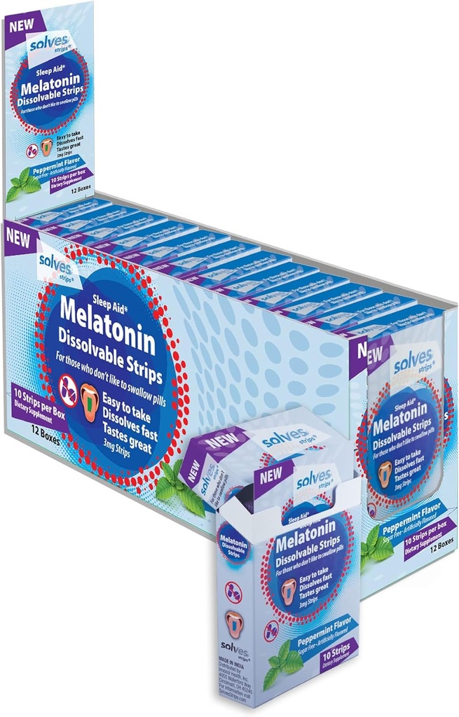 Solves Sleep Aid - 3 mg Melatonin Dissolve Strips, Quick, Deep & Restful Sleep Solution, Peppermint Flavor, Yetişkinler, Sugar-Free/Drug-Free/Travel-Friendly (120 Pack)