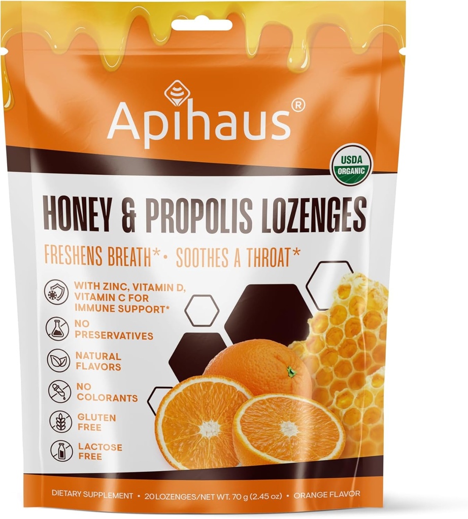 Honey ve Propolis Lozenges Orange Flavor, Freshens Breath - Soothes a Throat- Immune Support with Vitamin C, Vitamin D and çinko, 20 Count
