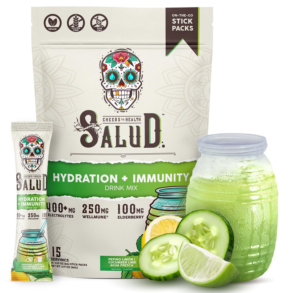 Salud 2in-1 Hydration Packets + Immunity Electrolytes Toz, Cucumber Lime - Agua Fresca Drink Mix, Elderberry, Dairy & Soy Free, Non-GMO, Gluten Free, Vegan, Low Calorie, 1g Sugar (15 hizmet)