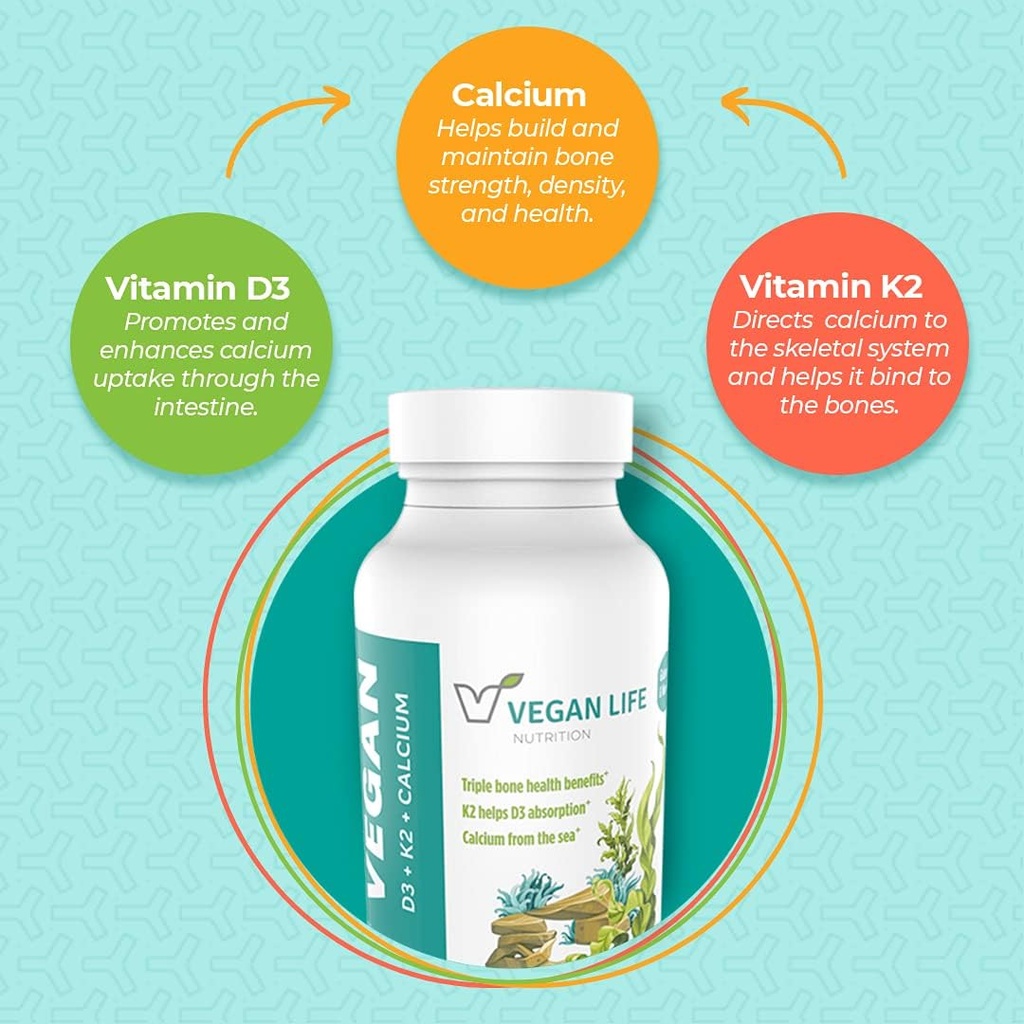 Vegan Life Nutrition Vitamin D3, K2 and Calcium Supplements, 60 Capsules