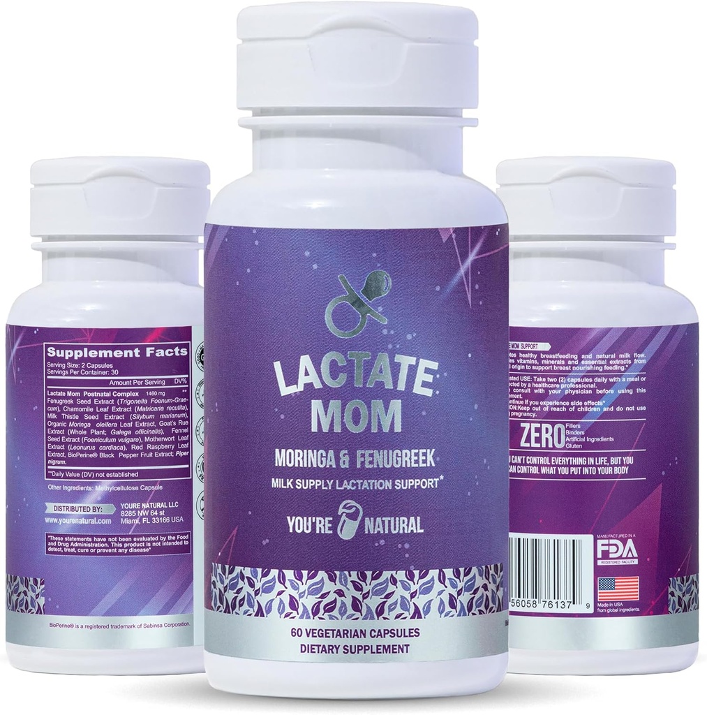 You'RE NATURAL Lactate Mom Postpartum Desteği Anne & Bebek, Organik Moringa, Süt Butle, Fenugreek, Goat's Rue and Chamomile 60 Vegetarian Capsules
