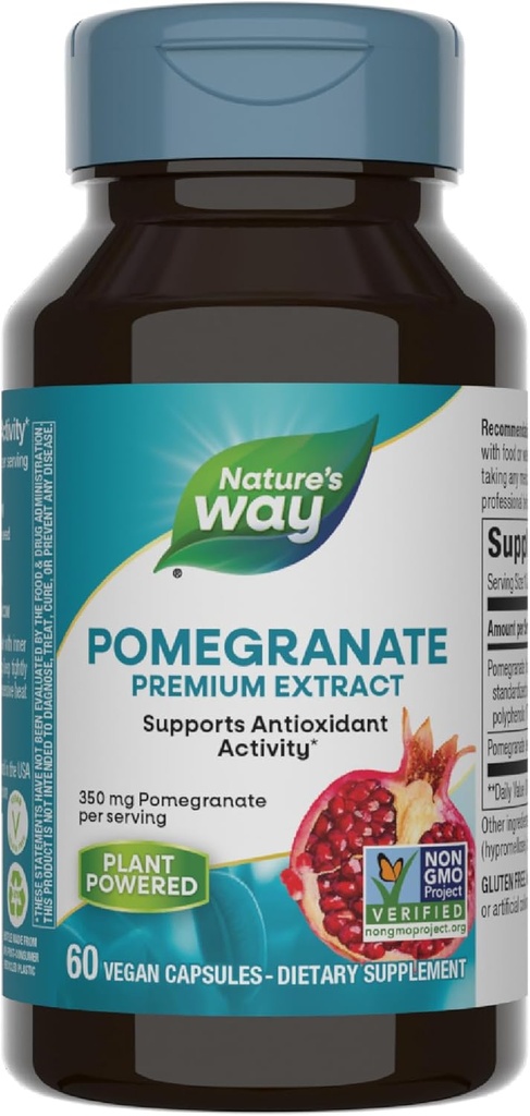 Nature's Way Pomegranate, Supports Antioksi Activity*, Premium Ekstraksiyon, hizmet başına 350 mg, Non-GMO Projesi Doğrulandı, Vegan, 60 Capsules (Packaging May Vary)