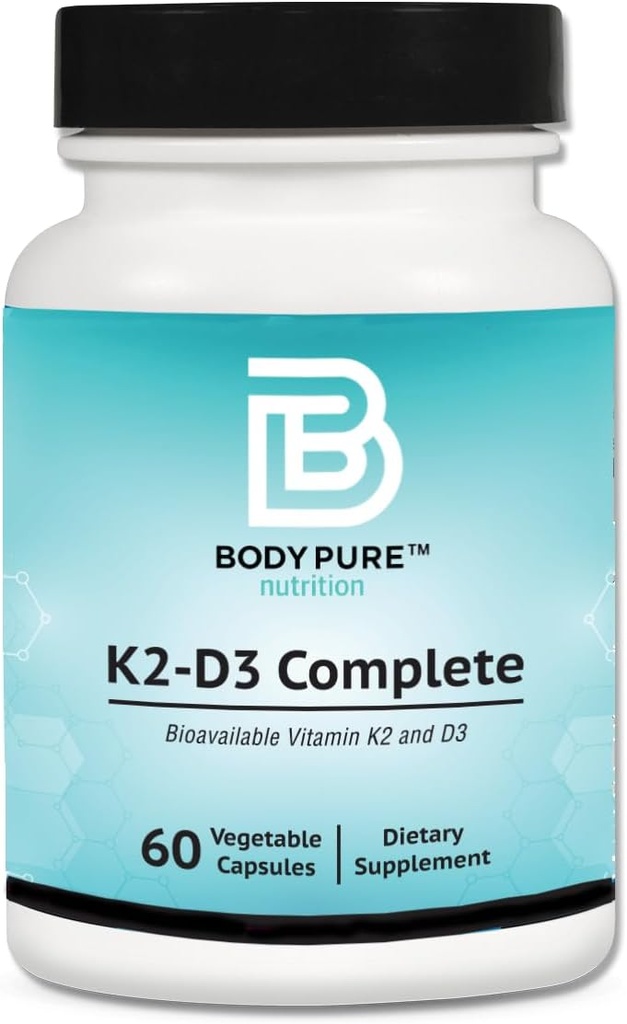 Body Pure K2-D3 Tamam - 5000iu of Vegan D3 & 45 A Vitamin K2 MK7 (MenaQ7® PRO) / Bir Gün Formula, Non-GMO Onaylanmış, Vegan sertifikalı, Gluten & Soy Free - 60 Capsules