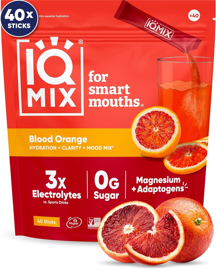 IQMIX Hydration Electrolyte Toz – 4-in-1 Formula for Hydration, mental Clarity, Mood and Recovery – Sugar-Free Drink Mix, Keto, Magnezyum L-Threonate, Lion's Mane – 40 Kont Blood Orange