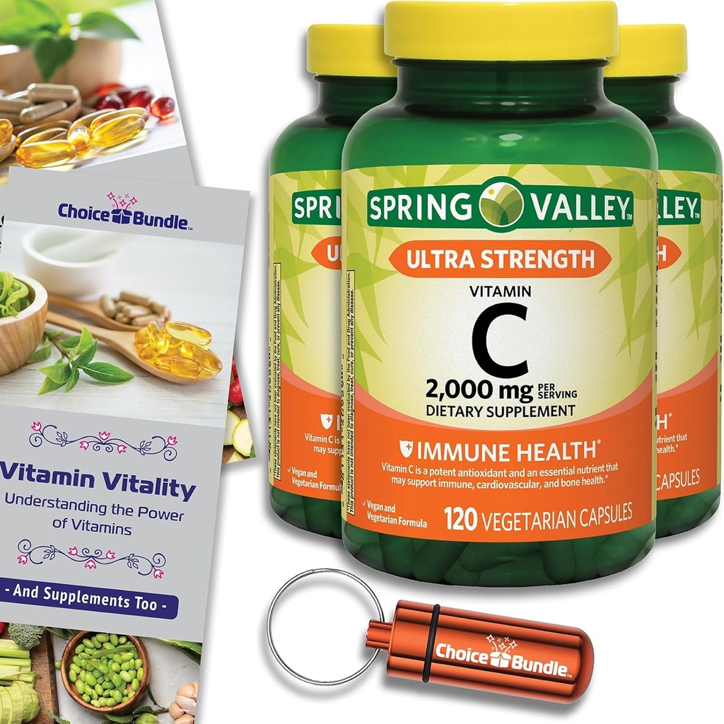 Choice Sche Spring Valley Ultra Strength C Capsules Diyetary Supplement 2,000 mg 120 Ct 3 pk (360 Total) + Vitamin Rehber & Pill Konteyner (5 Madde)!