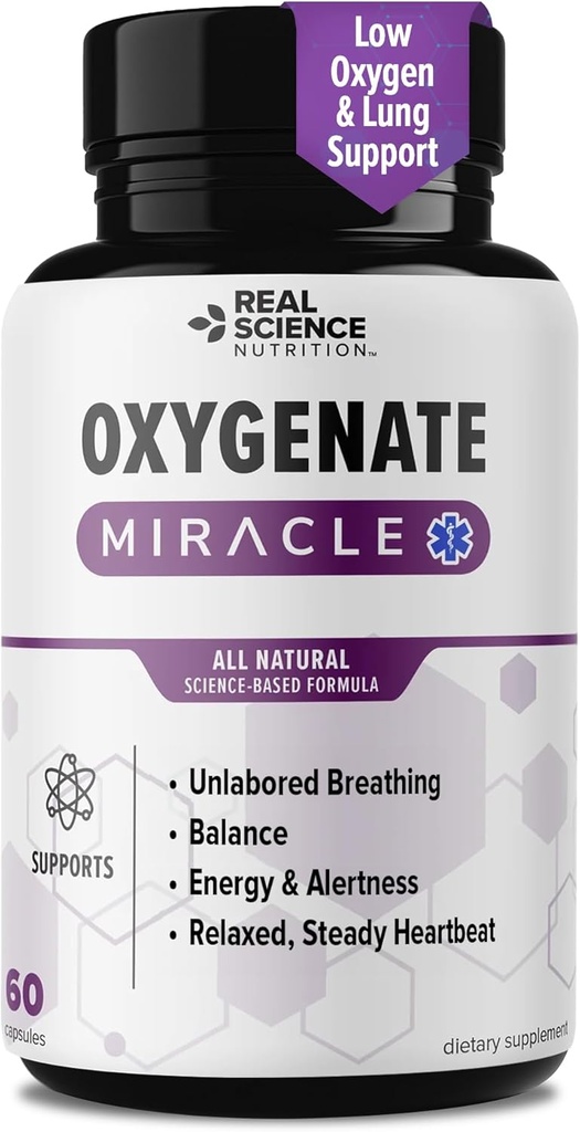 Real Science Oksijenate Miracle – Lung Support Supplement to Help Relieve Wheezing, Shortness of Breath, Rapid Heart Rate & Fatigue - Clear Lungs & Breath Support, 60 Caps & Breath Support, 60 Caps